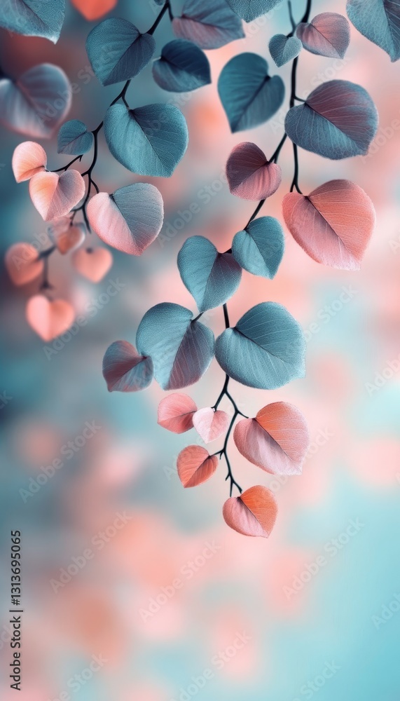 Poster pastel leaves, abstract nature background with dreamy bokeh effect and soft color palette.