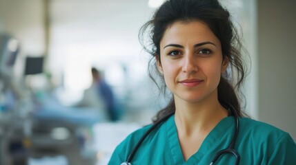 Fototapeta premium A young European female nurse wearing scrubs stands confidently in a hospital environment, ready to provide compassionate care to patients while showcasing professionalism and dedication.