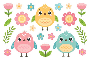 Cute cartoon birds and flowers illustration.
