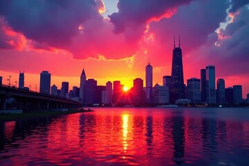 Fototapeta premium Vibrant sunset colors paint Chicago's skyline , Chicago, aerial view, horizon