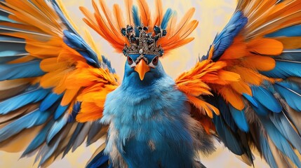 Obraz premium Majestic Colorful Bird with Crown and Vibrant Feathers Displaying Bright Orange and Blue Plumage