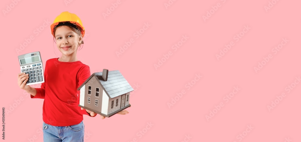 Poster little architect with calculator and house model on pink background with space for text