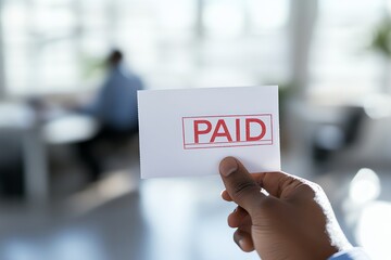 Holding Paid Stamp on Paper in Office Setting Close Up
