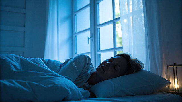 Sleep test Concept, person sleeping peacefully in dimly lit room with soft blue light