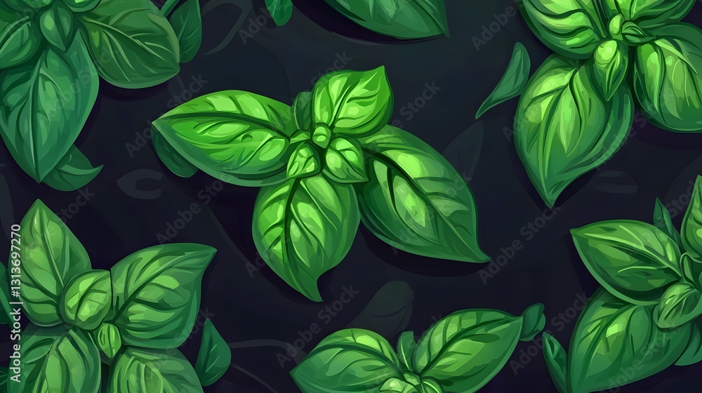 Poster fresh green basil leaves stacked neatly on display showcasing their vibrant color and texture with c