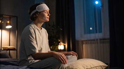 Sleep test Concept, person wearing sleep monitoring headband meditates in dimly lit room, promoting relaxation and mindfulness