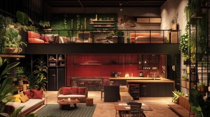 Naklejka premium A trendy loft apartment with a ruby red-tiled feature wall and modern furniture.