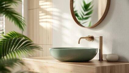 Fototapeta premium Serene Bathroom Setting with Elegant Green Basin and Stylish Gold Faucet in a Bright, Modern Space Surrounded by Lush Greenery and Natural Light