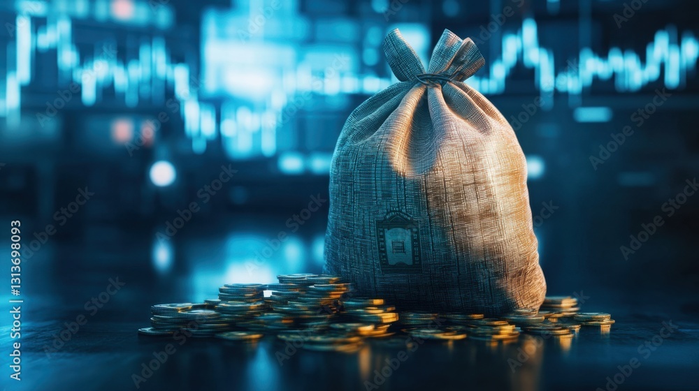 Poster a d-rendered ai-powered stock trading moneybag with algorithmic financial analysis.