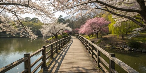 Fototapeta premium A picturesque wooden bridge over a calm river, surrounded by blooming spring trees