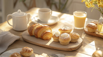 Freshly baked pastries and cupcakes on wooden table, with tea and juice. delightful morning spread that brings warmth and joy