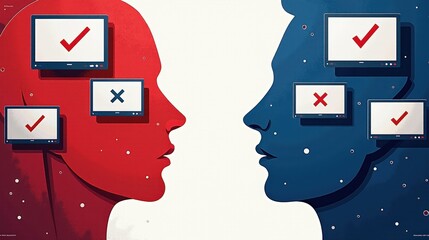 A stock illustration representing Political debate in Red, white, and blue colors, with geometric forms and metaphors of TV screens and fact-check icons