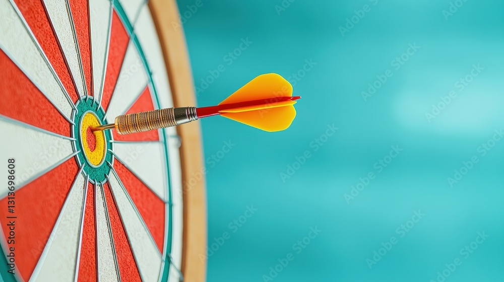 Poster a dart is perfectly aimed at the bullseye of a dartboard, showcasing precision and skill in a vibran