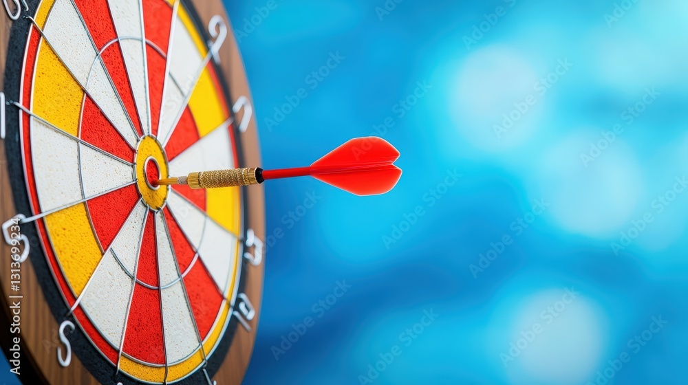 Poster a close-up of a dartboard with a red dart perfectly hitting the bullseye, set against a blurred blue