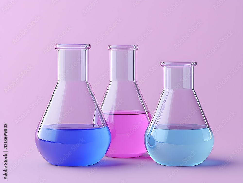 Poster three realistic laboratory beakers on a clean surface with copy space for testing and scientific res