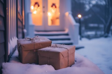 Two Christmas gifts wrapped in kraft paper sit on a snowy doorstep at twilight.