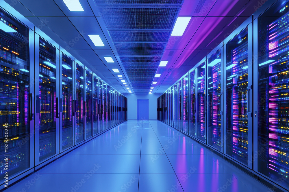 Poster modern data center with illuminated server racks, showcasing advanced technology and vibrant colors