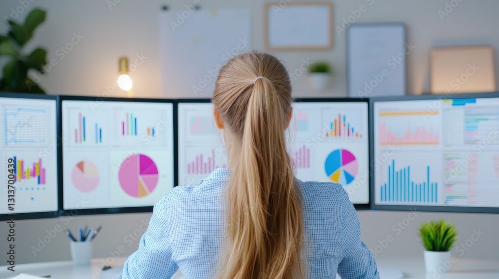 Poster a person analyzes data on multiple screens, showcasing various colorful charts and graphs in a moder