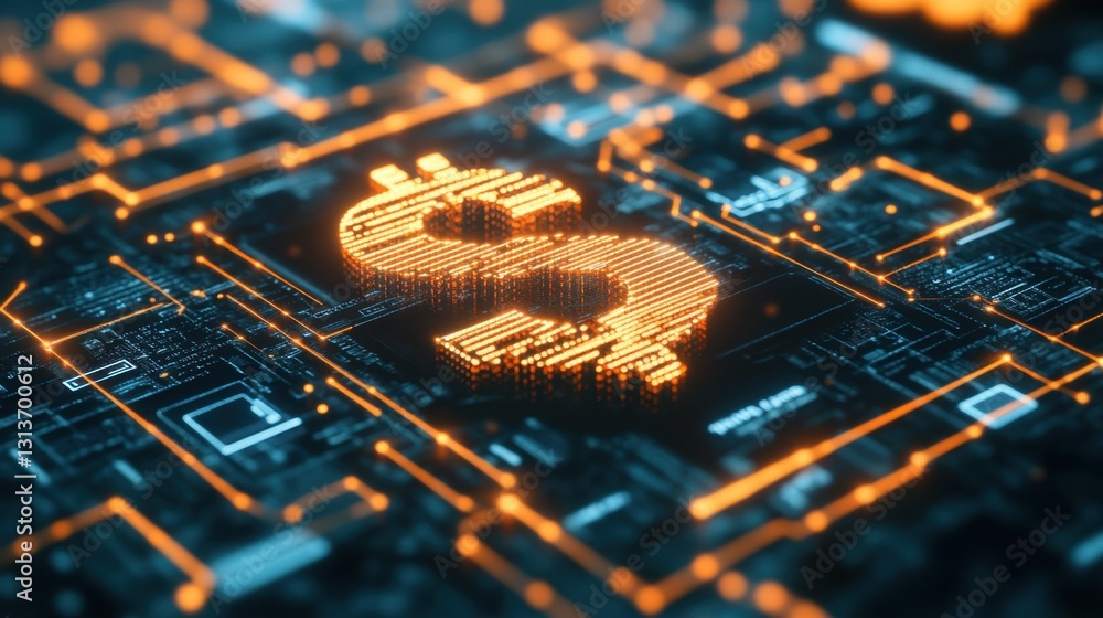 Poster a cyber-inspired moneybag icon with a floating dollar symbol and ai-powered investment algorithms.