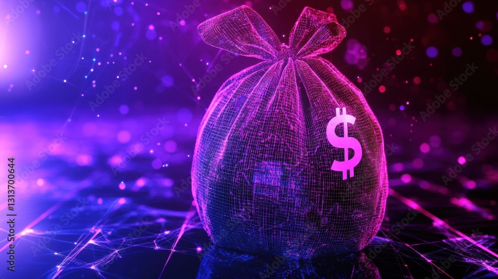 Poster a cyber-inspired moneybag icon with a floating dollar symbol and ai-powered investment algorithms.