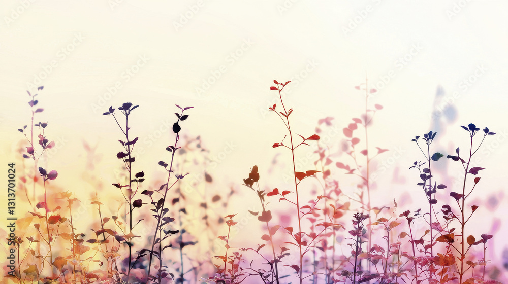 Poster elegant botanical design featuring colorful silhouettes of plants against soft background, creating 