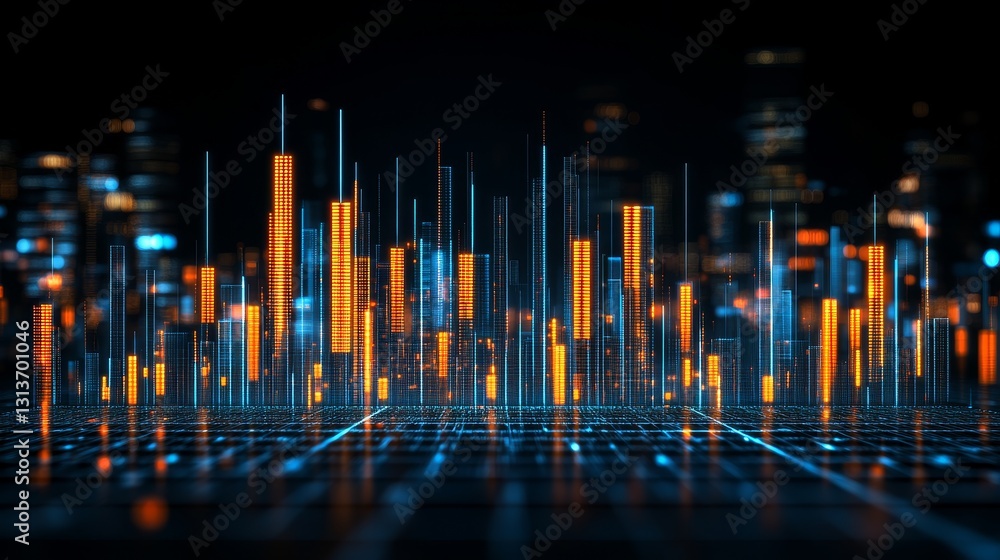 Poster futuristic cityscape visualization of interconnected data streams with luminous patterns representin