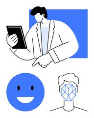 Person using tablet, smiling face icon, face mesh geometry for scanning technology. Ideal for tech, AI, user experience, data analysis, innovation biometrics communication. Flat simple metaphor