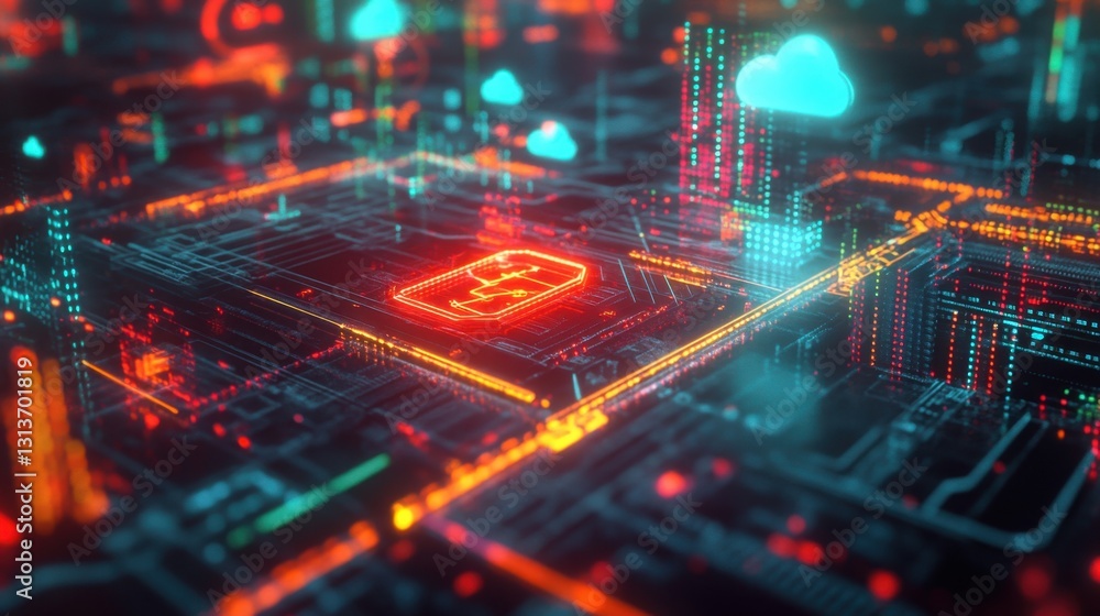 Poster a cyberpunk-style cloud network with bright neon lights and encrypted security icons.