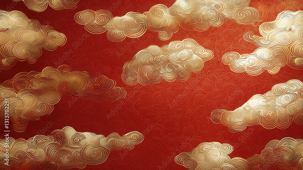 Poster elegant red abstract cloud pattern with swirling golden clouds creates captivating visual experience