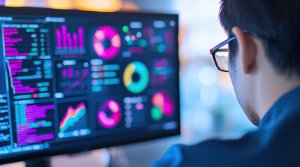 A person analyzes colorful data visualizations on a screen, showcasing graphs, charts, and statistical information in a modern workspace.