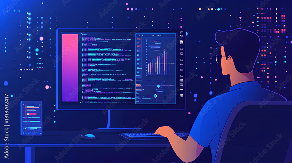 Poster it specialist administrator working on computer, screen showing big data ai analysis and code. web s