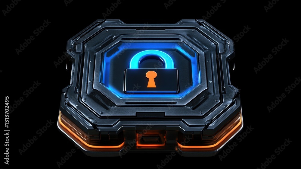 Aufkleber a cyber security warning interface with a pulsating blue and orange padlock as its central symbol.