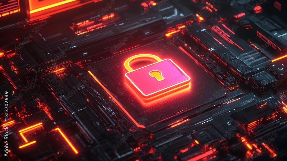 Poster a cyber threat detection system featuring a neon-lit padlock icon and firewall indicators.