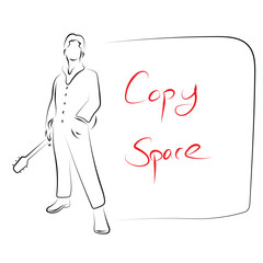man holding guitar with blank copy space illustration vector hand drawn with black lines isolated on white background.