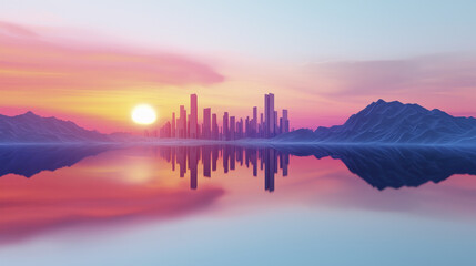 Fototapeta premium stunning sunset over futuristic city skyline reflected in calm waters, surrounded by mountains