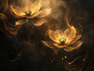 Golden flowers, smoke, dark background, fantasy art, website design