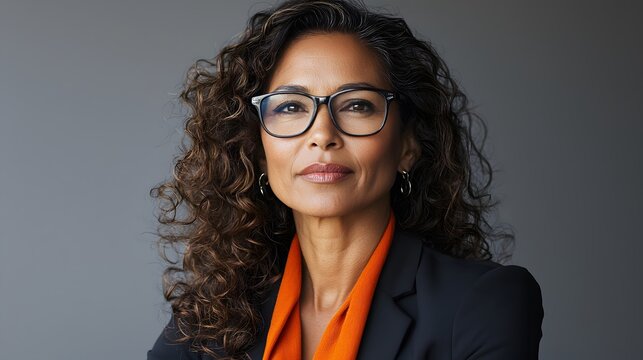 Professional woman wearing glasses and smart attire presenting a confident expression in a modern office environment