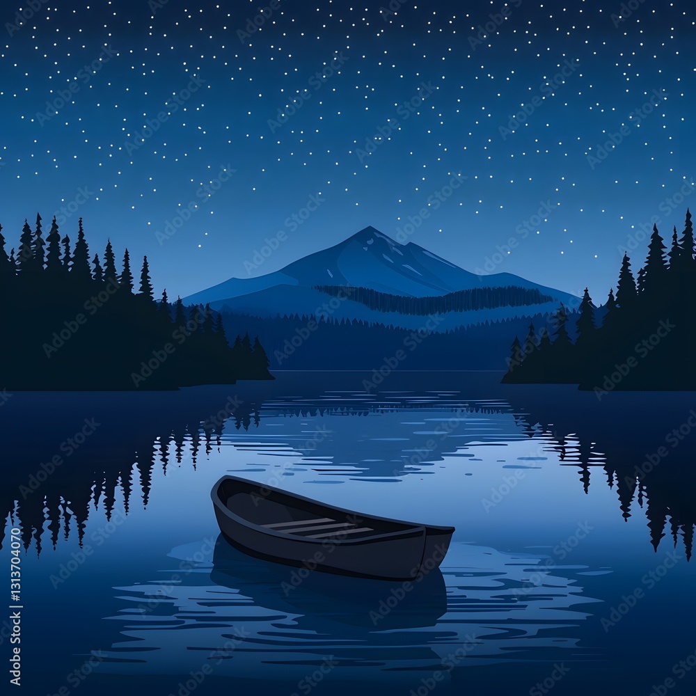 Poster serene boat floating on calm lake surrounded by nature creating a peaceful and relaxing atmosphere
