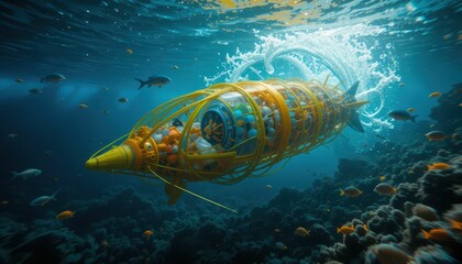 Fototapeta premium Futuristic Underwater Exploration Vehicle Surrounded by Marine Life