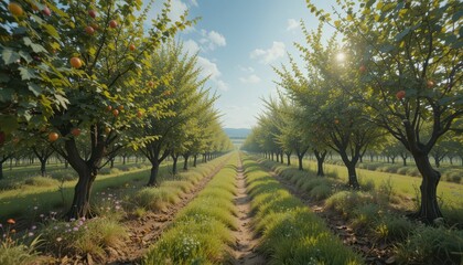 Fototapeta premium Lush Apple Orchard with Rows of Trees and Vibrant Sky in Daylight
