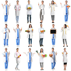 Set of many different nutritionists on white background