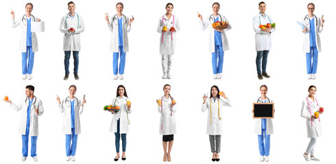 Set of many nutritionists on white background