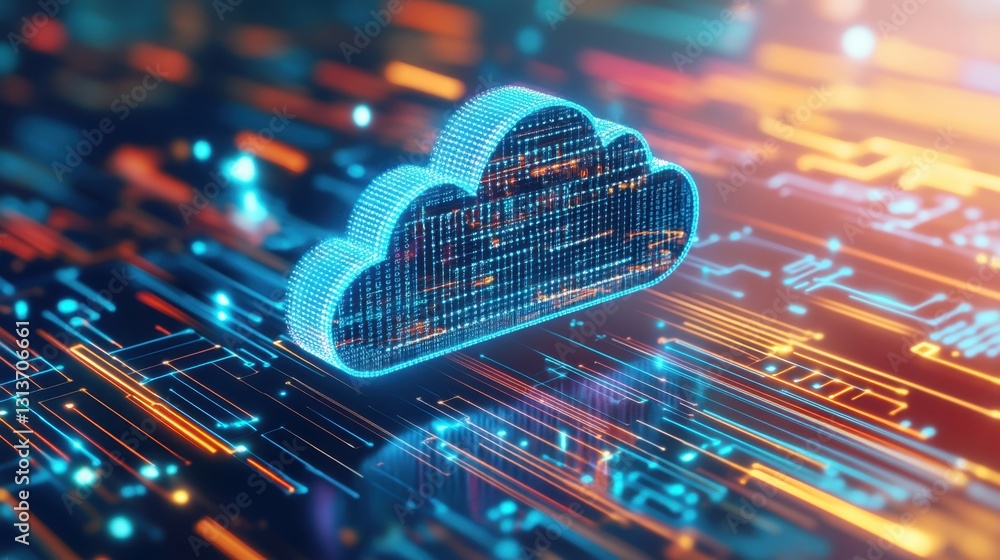 Poster a futuristic hologram of a cloud infrastructure with advanced data analytics.