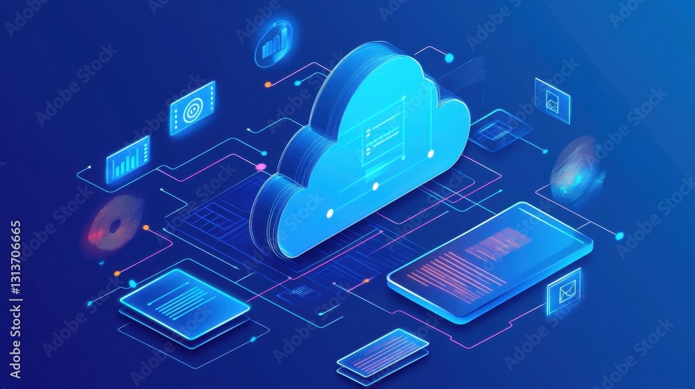 Poster a futuristic hologram of a cloud infrastructure with advanced data analytics.