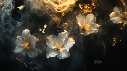 Golden smoke, white flowers, dark background; elegant design