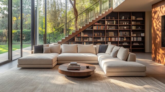 modern sectional sofa in luxurious living room with floor to cei