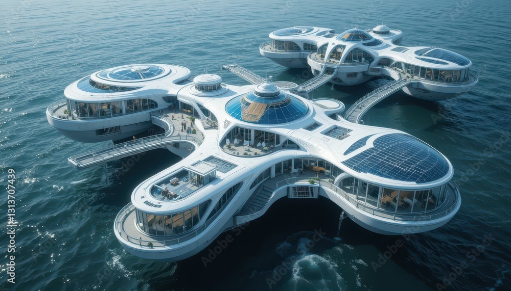 Poster futuristic ocean resort concept with floating architecture design