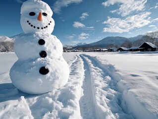 Obraz premium A snowman is standing in the middle of a snow covered field
