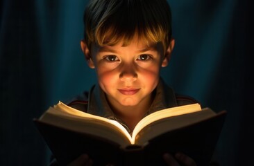 Boy toddler reading book. Book is shining with fairy light from it. Close up portrait