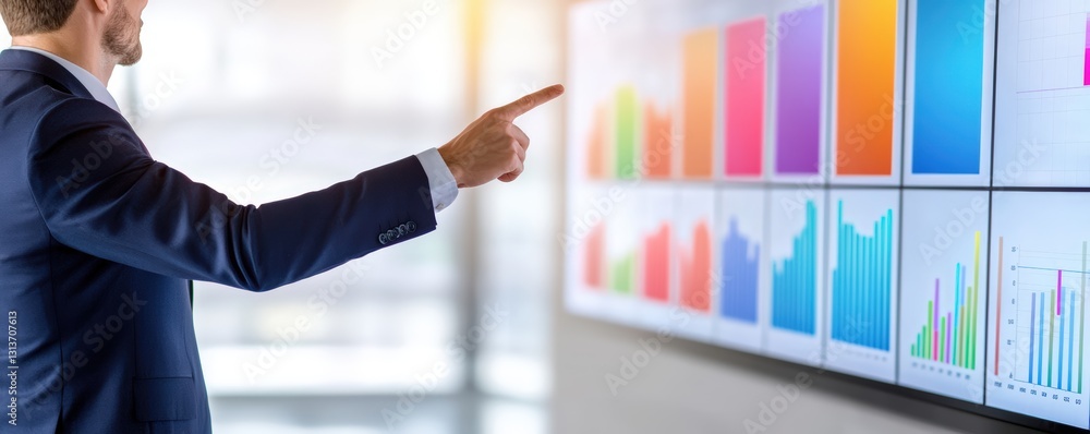 Poster a business professional analyzes colorful graphs displayed on large screens, emphasizing data-driven